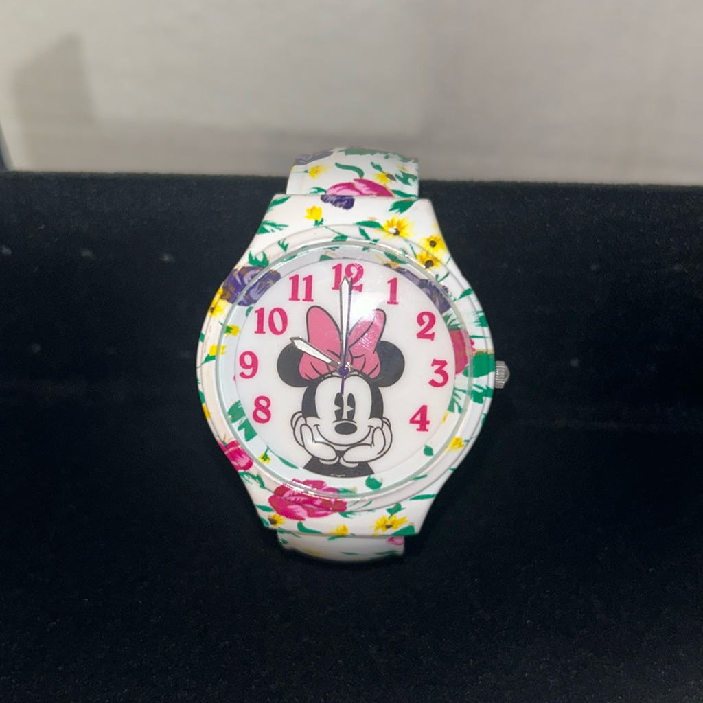 Disney Minnie Mouse White Floral Band Cuff Watch Stainless Steel Nwt